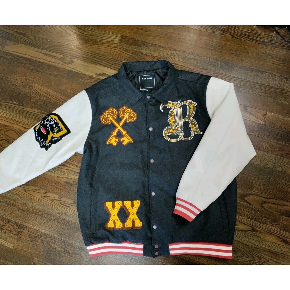 REASON Varsity Jacket Men's Size 2XL Charcoal Gray Ivory Wool Blend Patchwork